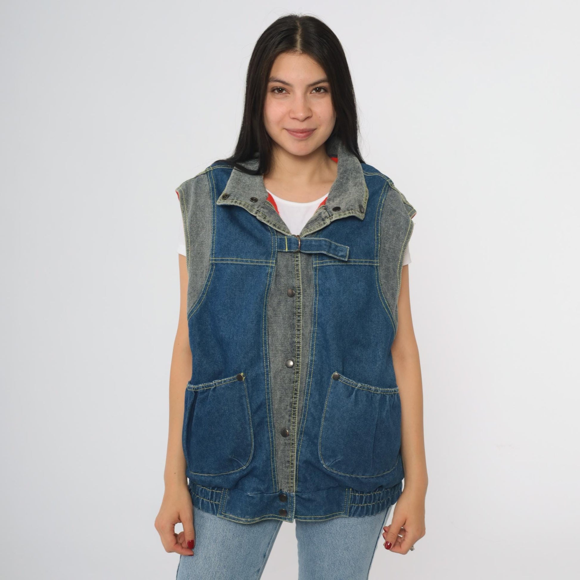80s Izzi Reversible Denim Vest Blue Red Colorblock Medium M