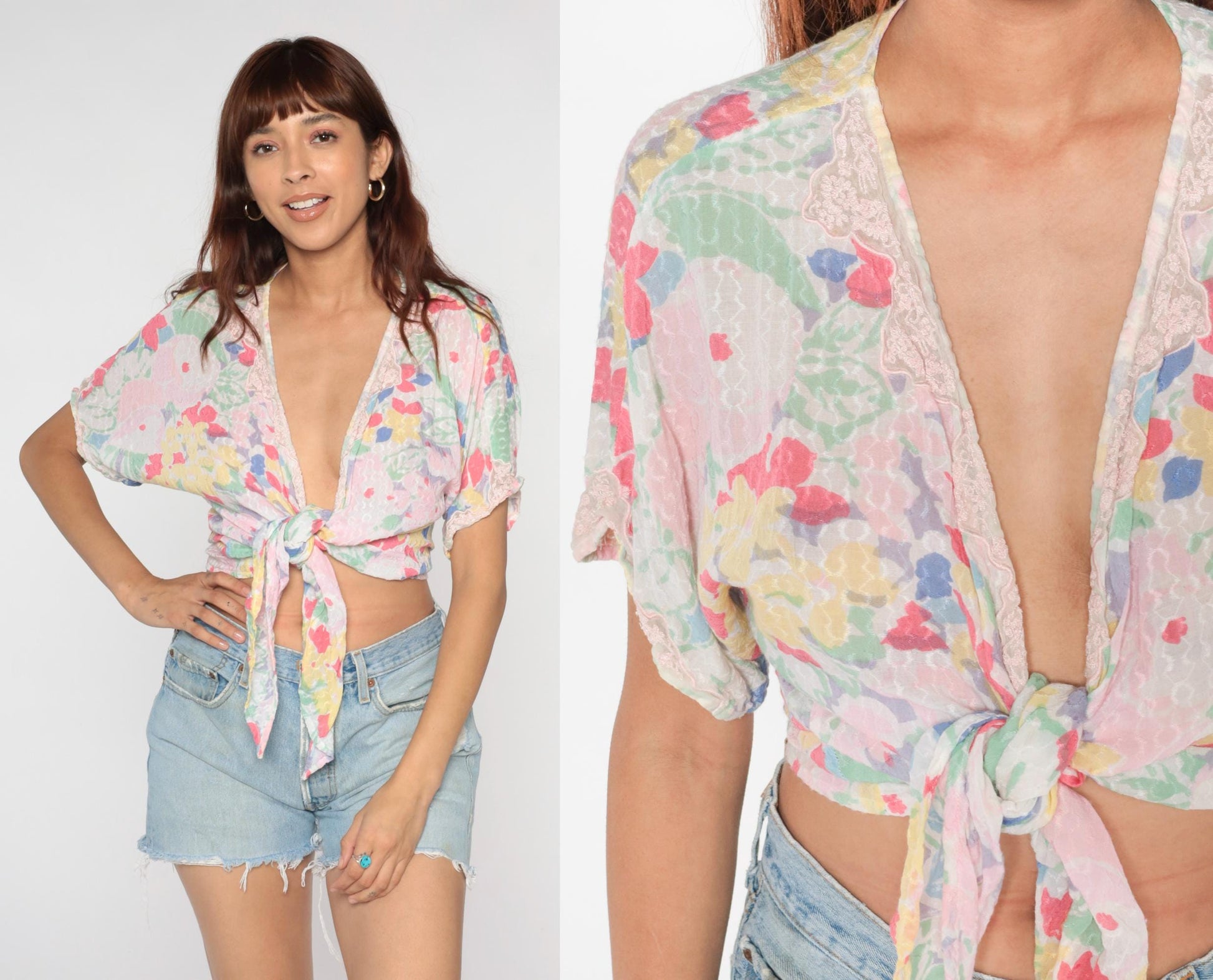 90s Pastel Floral Watercolor Crop Top Tie Front Kimono Sleeve Medium Large