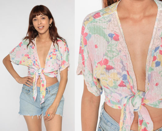 90s Pastel Floral Watercolor Crop Top Tie Front Kimono Sleeve Medium Large