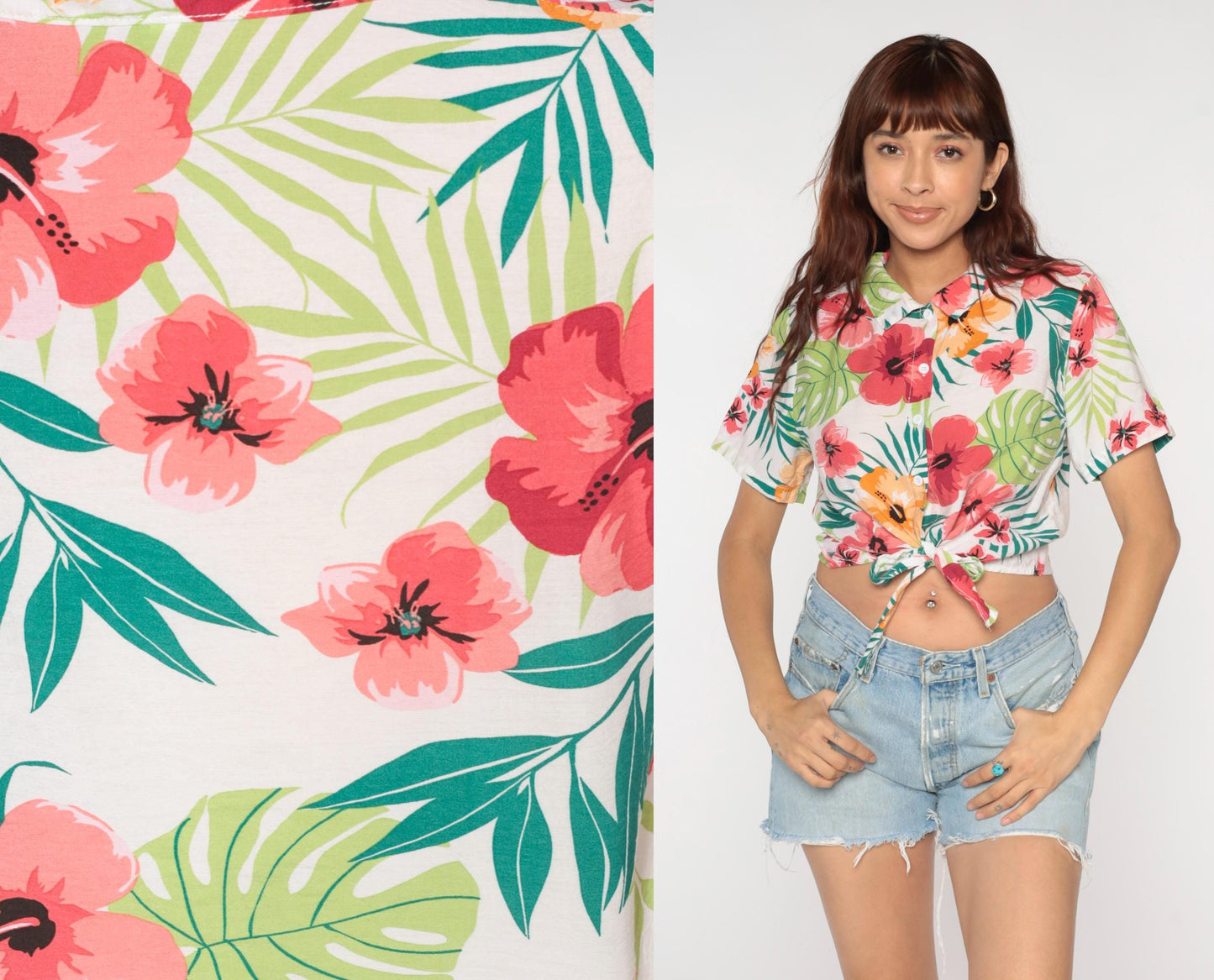 Y2K Tropical Hibiscus Crop Top Button Up Floral Shirt Pink Coral Medium
