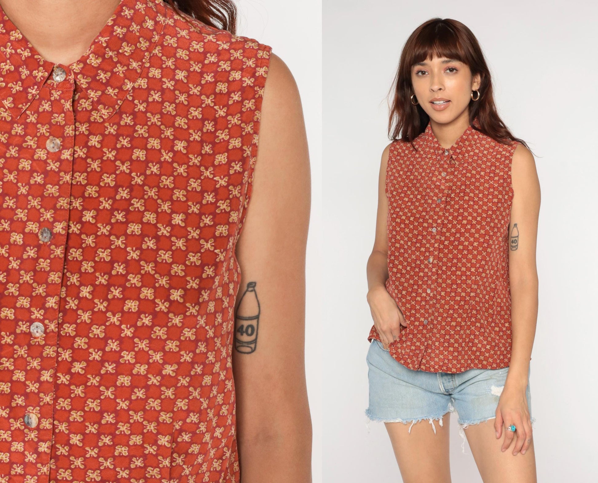 90s Rust Orange Daisy Print Silk Sleeveless Blouse Button-Up Collar Medium