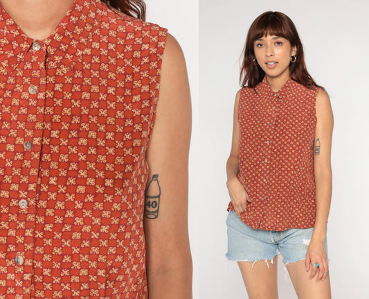 90s Rust Orange Daisy Print Silk Sleeveless Blouse Button-Up Collar Medium
