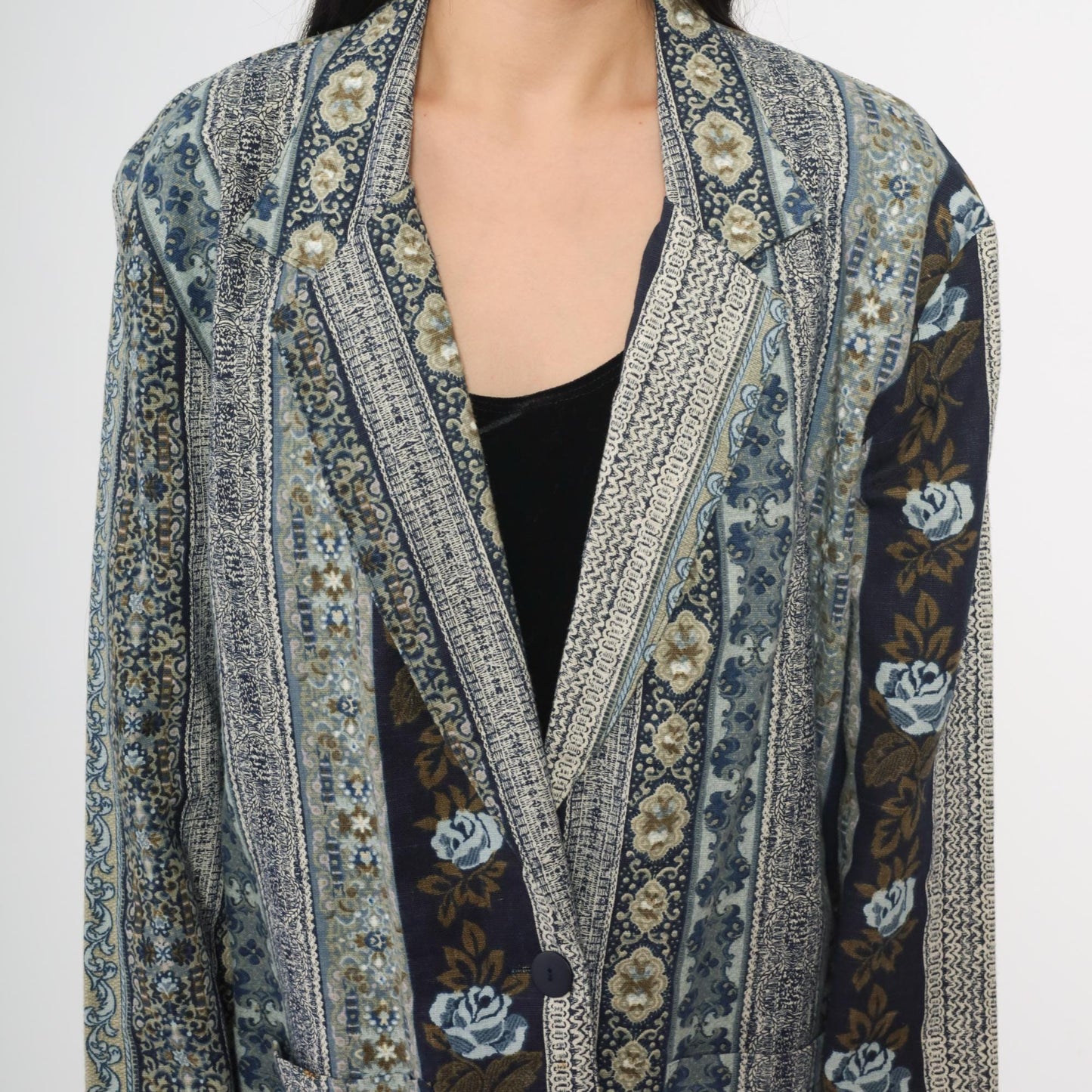 90s Judy Knapp Floral Tapestry Blazer Blue Cotton Linen Blend Single Button Large L