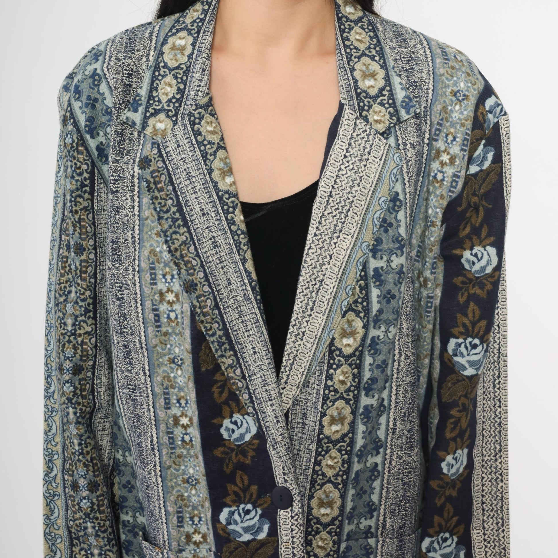 90s Judy Knapp Floral Tapestry Blazer Blue Cotton Linen Blend Single Button Large L