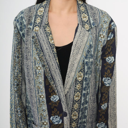 90s Judy Knapp Floral Tapestry Blazer Blue Cotton Linen Blend Single Button Large L