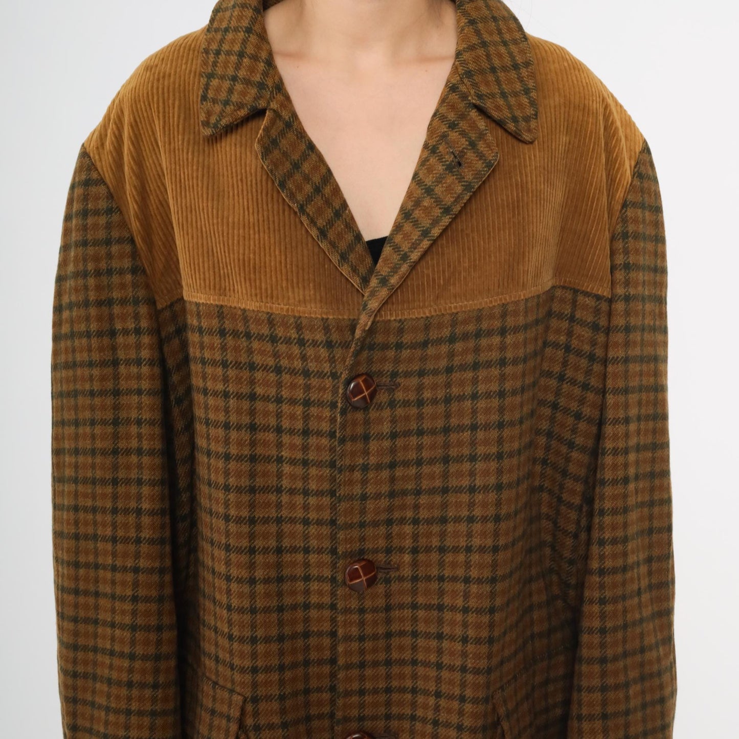 70s Brown Plaid Wool Blazer Corduroy Yoke Jacket Button Front XL