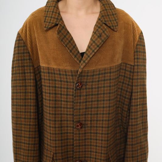 70s Brown Plaid Wool Blazer Corduroy Yoke Jacket Button Front XL