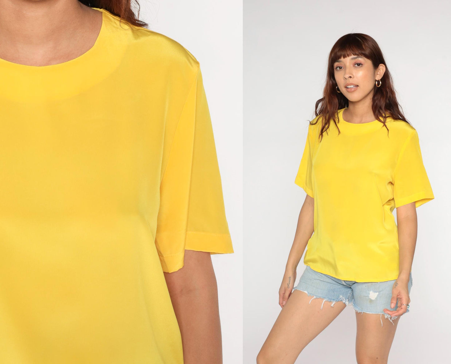 80s Yellow Short Sleeve Blouse Keyhole Back Button Medium
