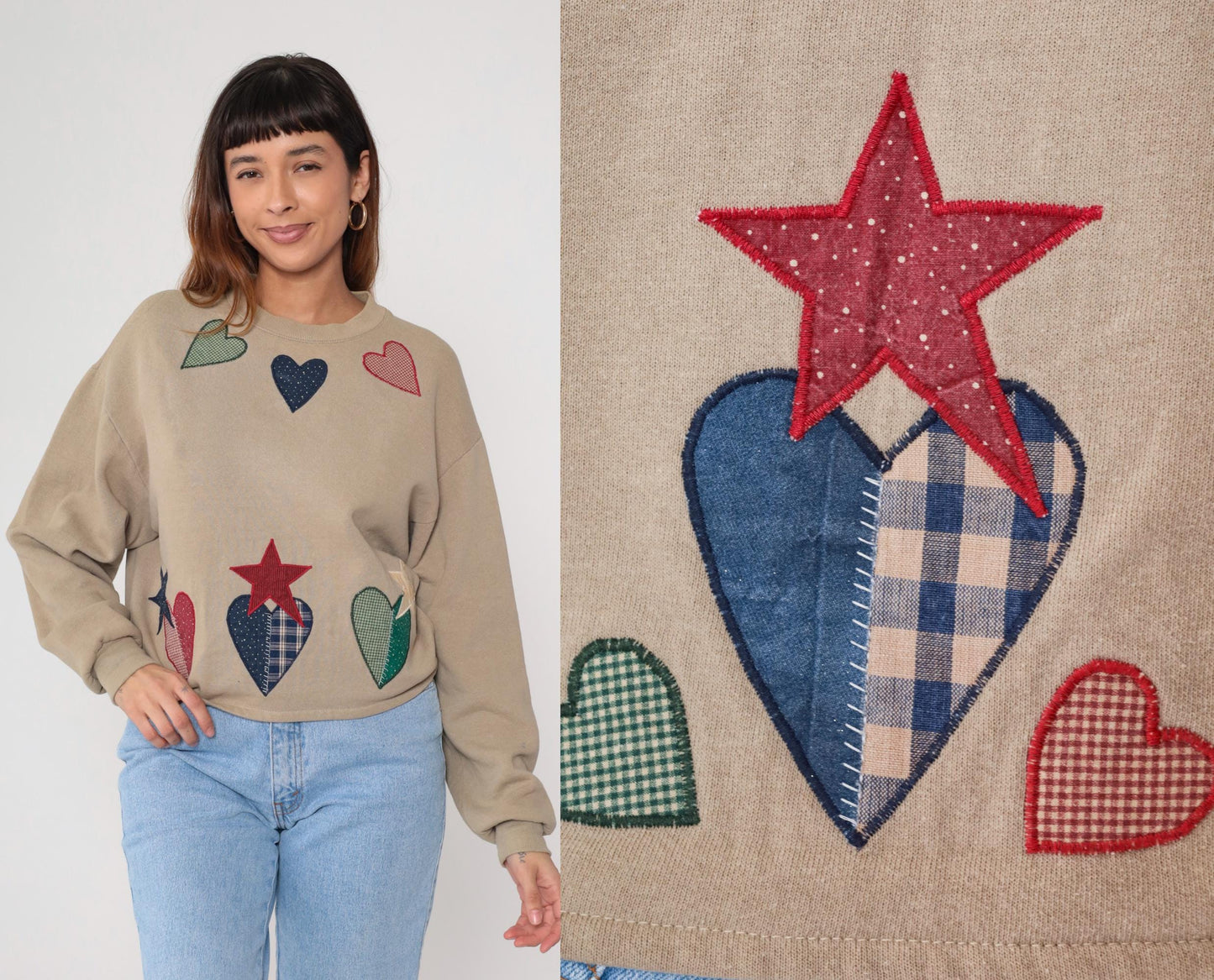 90s Patchwork Heart Applique Cropped Sweatshirt Tan Medium M