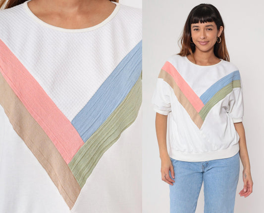 90s Pastel Chevron Colorblock Sweatshirt White Pink Blue Short Sleeve Medium
