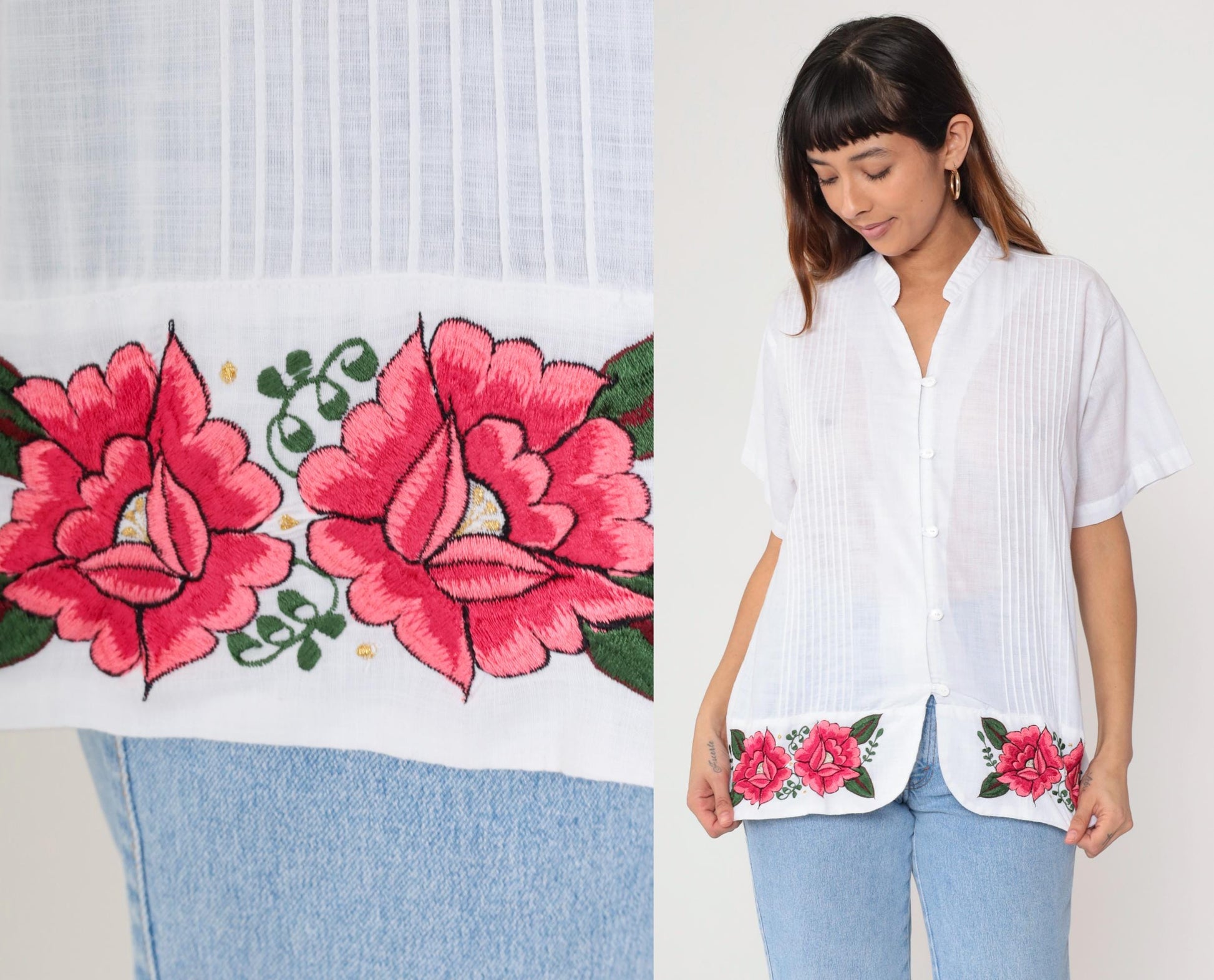 90s White Pink Rose Embroidered Button Down Blouse Mandarin Collar Large L