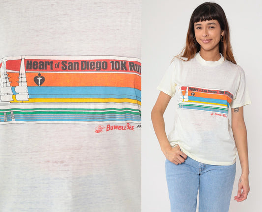 80s San Diego 10K Run Yellow Rainbow Stripe Graphic Tee Large L