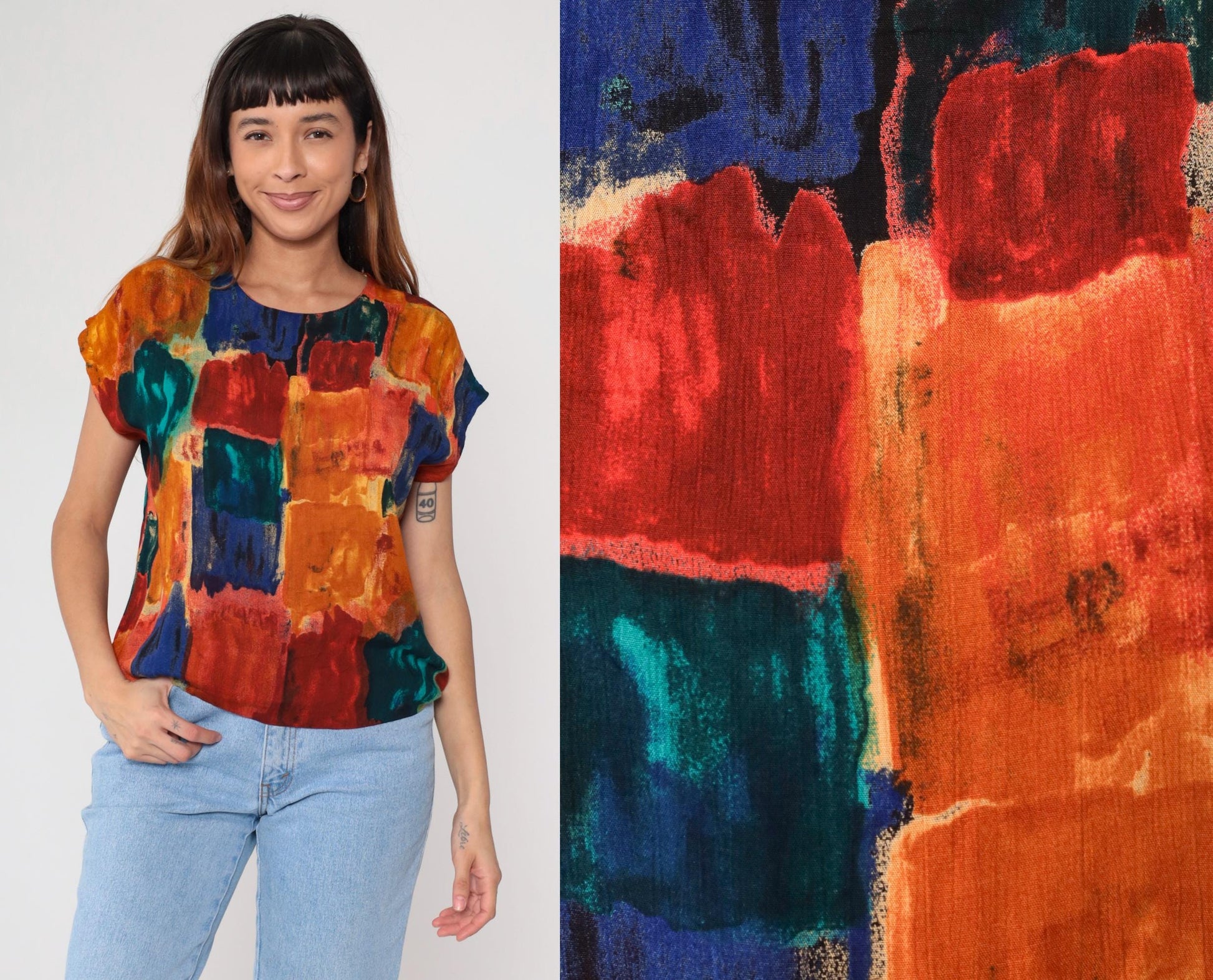 90s Watercolor Abstract Blouse Multicolor Brushstroke Rayon Short Sleeve Small S