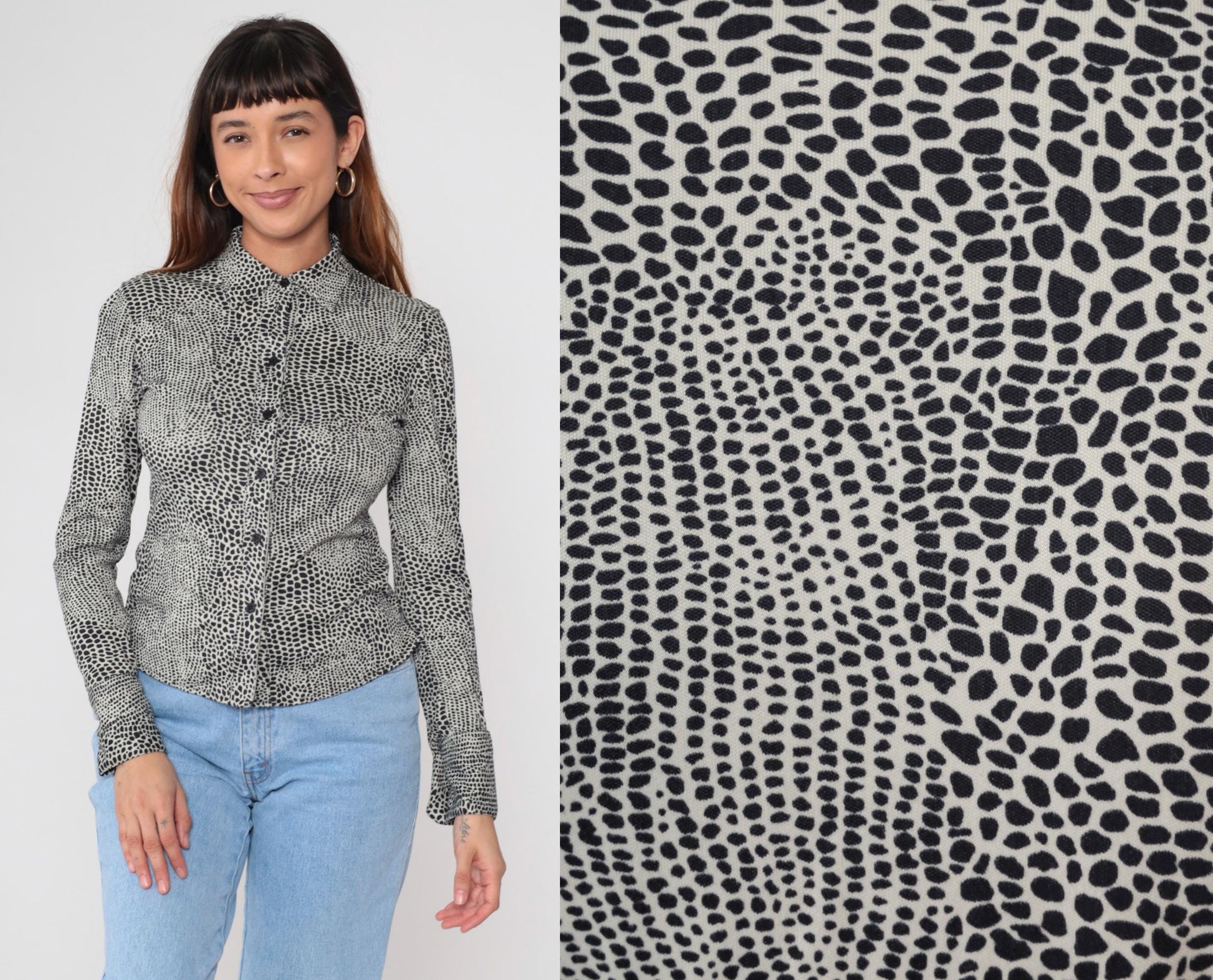 Y2K Alligator Print Button Up Blouse Black White Fitted Long Sleeve Extra Small XS