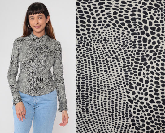 Y2K Alligator Print Button Up Blouse Black White Fitted Long Sleeve Extra Small XS