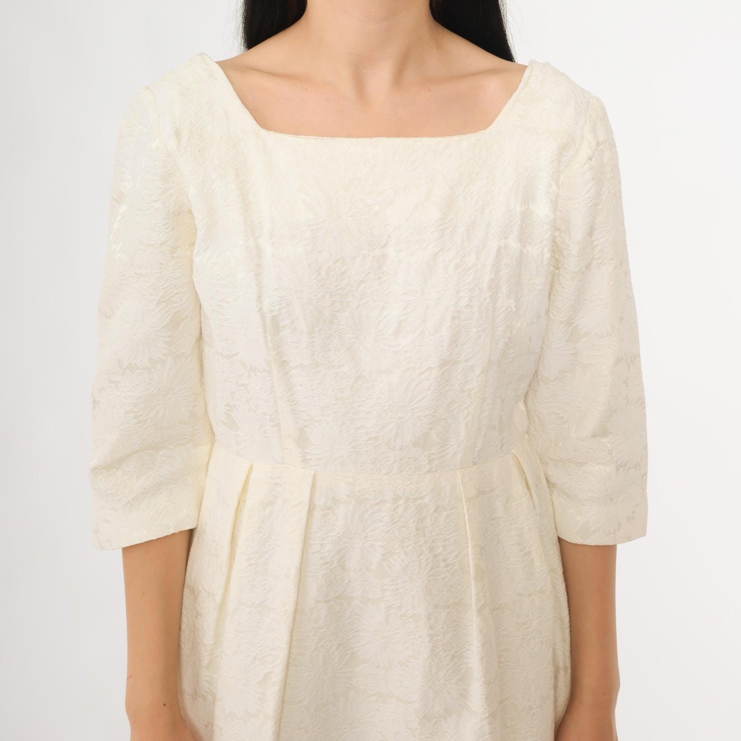 60s Cream Lace Midi Dress Square Neckline Embroidered Small