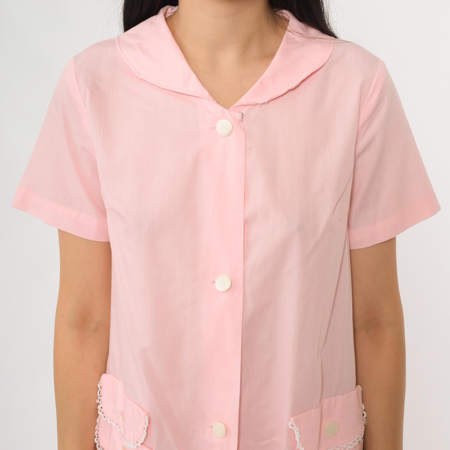 60s Charmode Pink House Dress Peter Pan Collar Lace Trim Pockets Medium