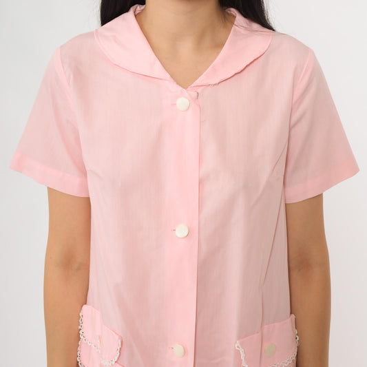 60s Charmode Pink House Dress Peter Pan Collar Lace Trim Pockets Medium