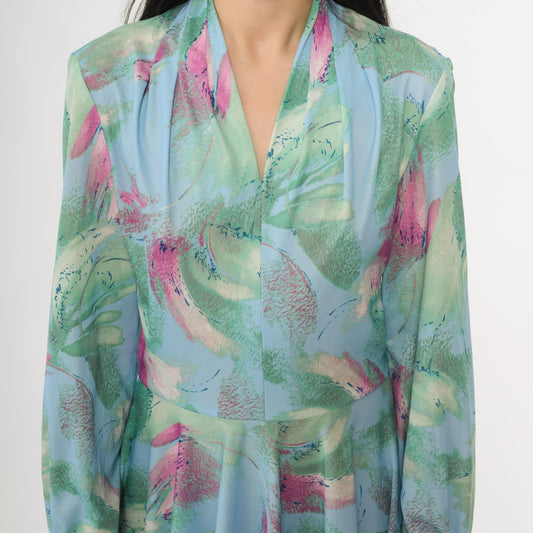70s Watercolor Floral Dress V-Neck Abstract Print Wrap Midi Blue Green Medium M