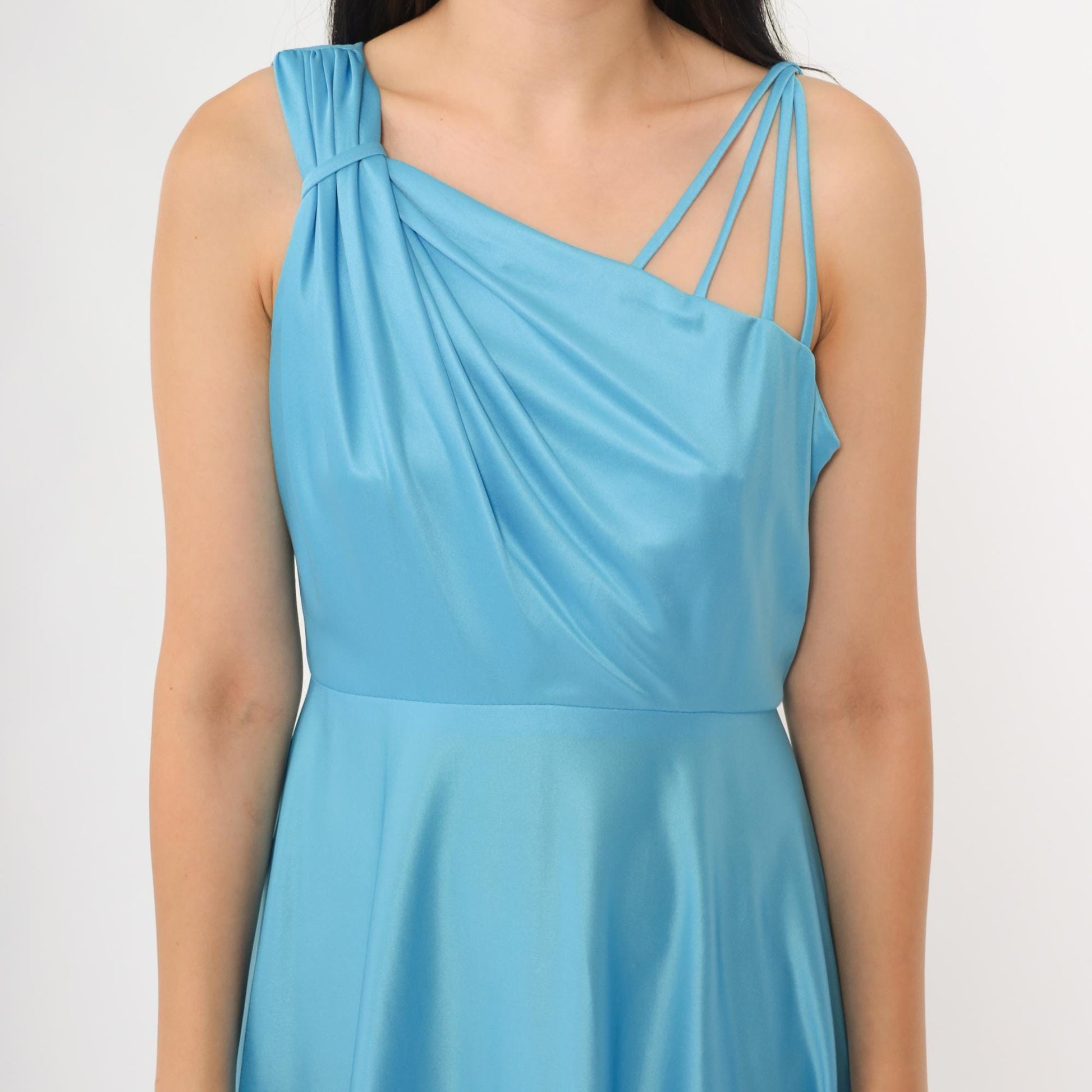 70s Blue Satin One-Shoulder Maxi Dress Draped Bodice Floor Length Small