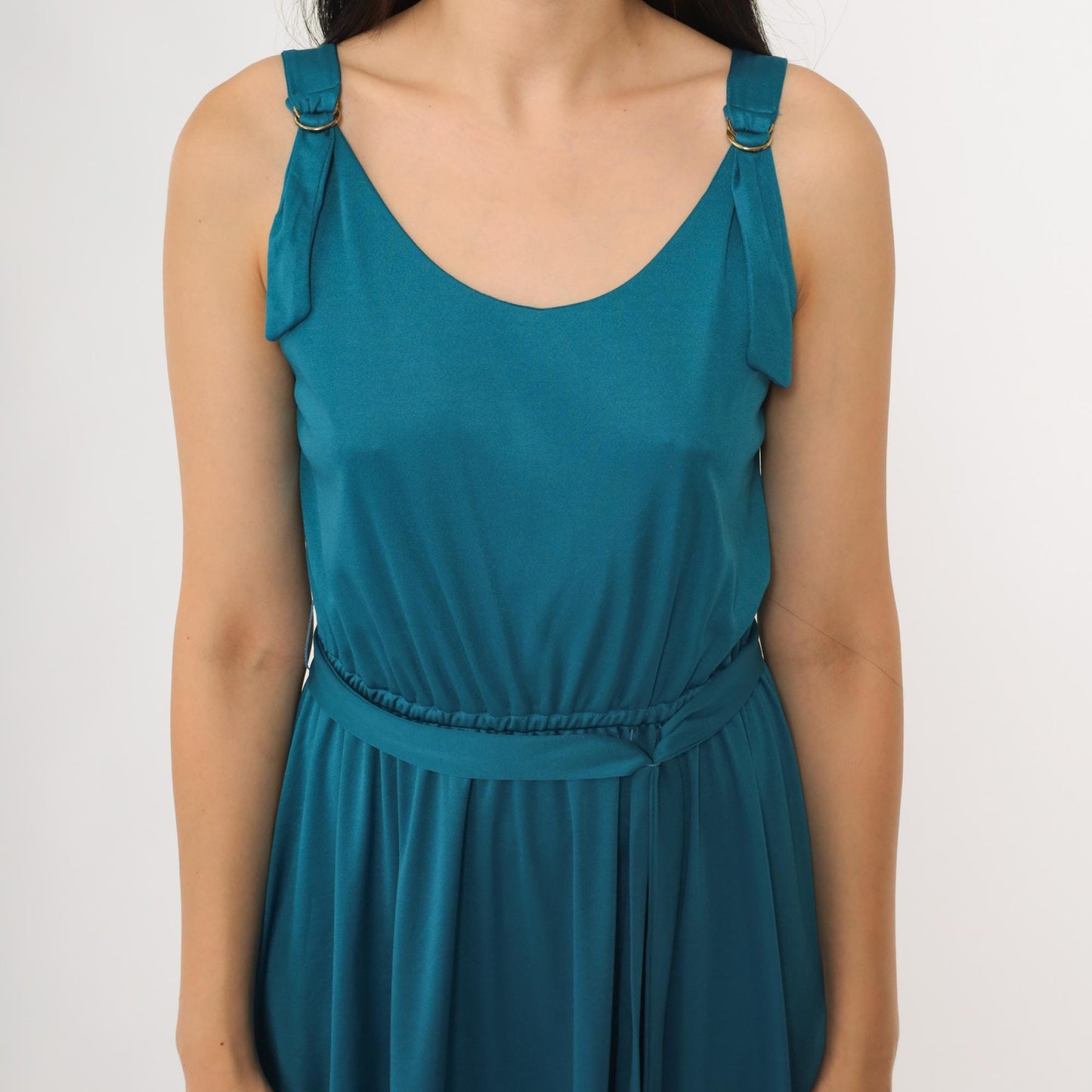 70s Lanz Teal Midi Dress Sleeveless A-Line Belted Small