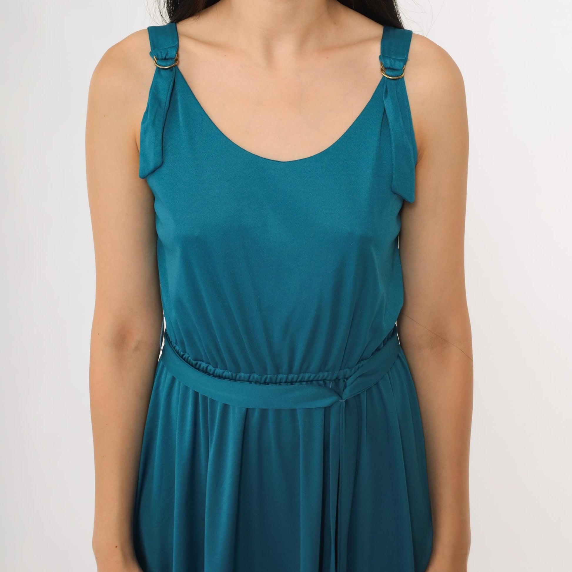 70s Lanz Teal Midi Dress Sleeveless A-Line Belted Small
