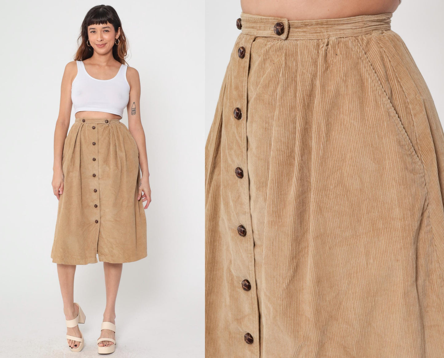 1970s Tan Corduroy Button-Front Midi Skirt High Waist A-Line Pleated Small