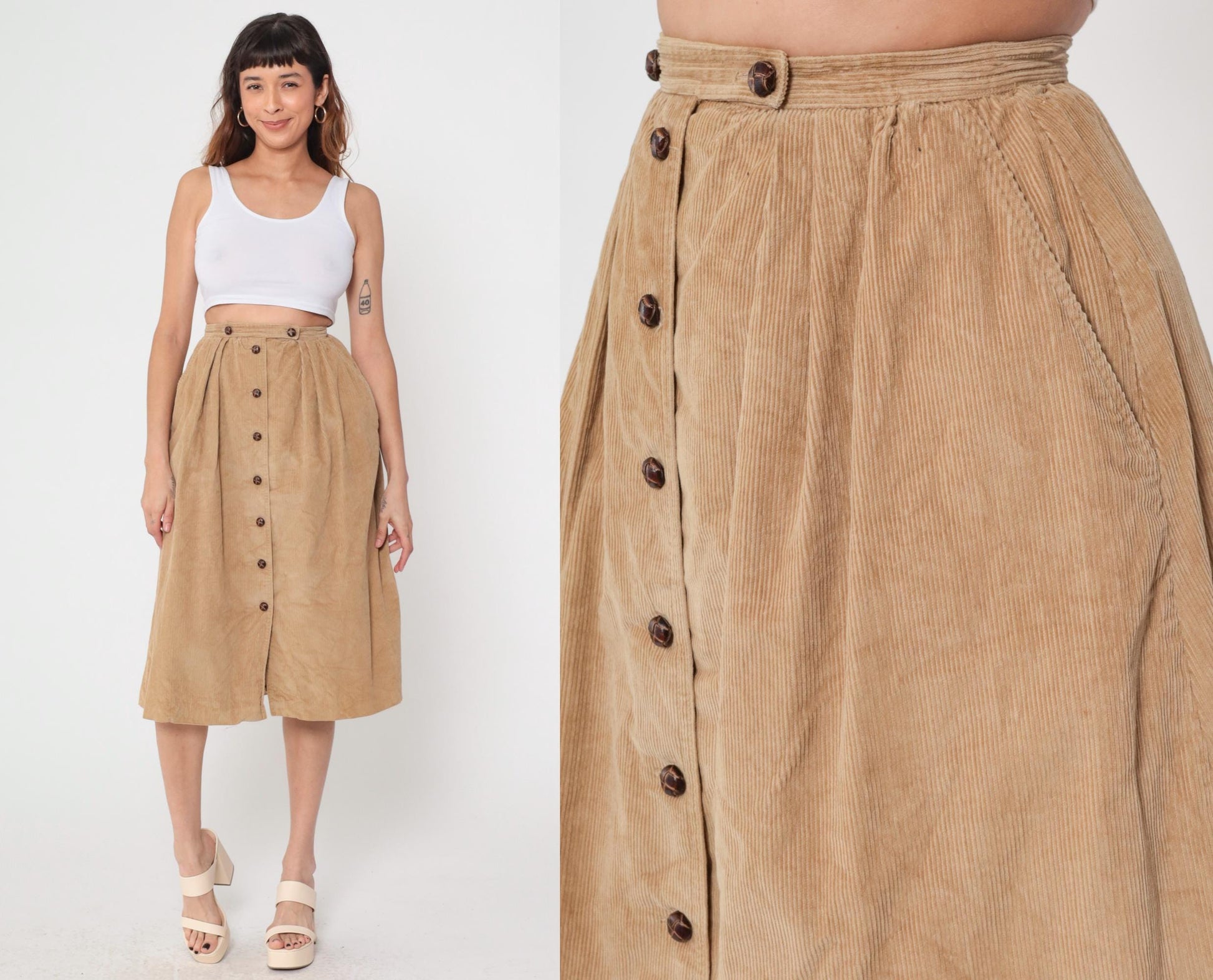 1970s Tan Corduroy Button-Front Midi Skirt High Waist A-Line Pleated Small