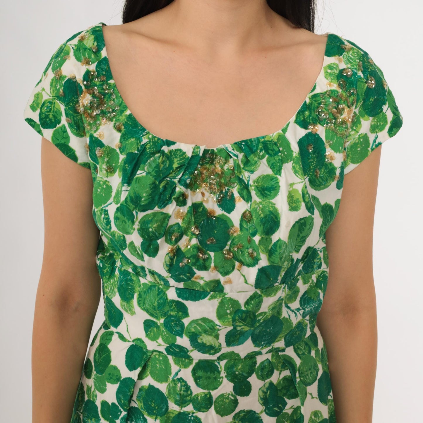 60s Green Leaf Sequin Cocktail Dress Cap Sleeve Knee Length Small