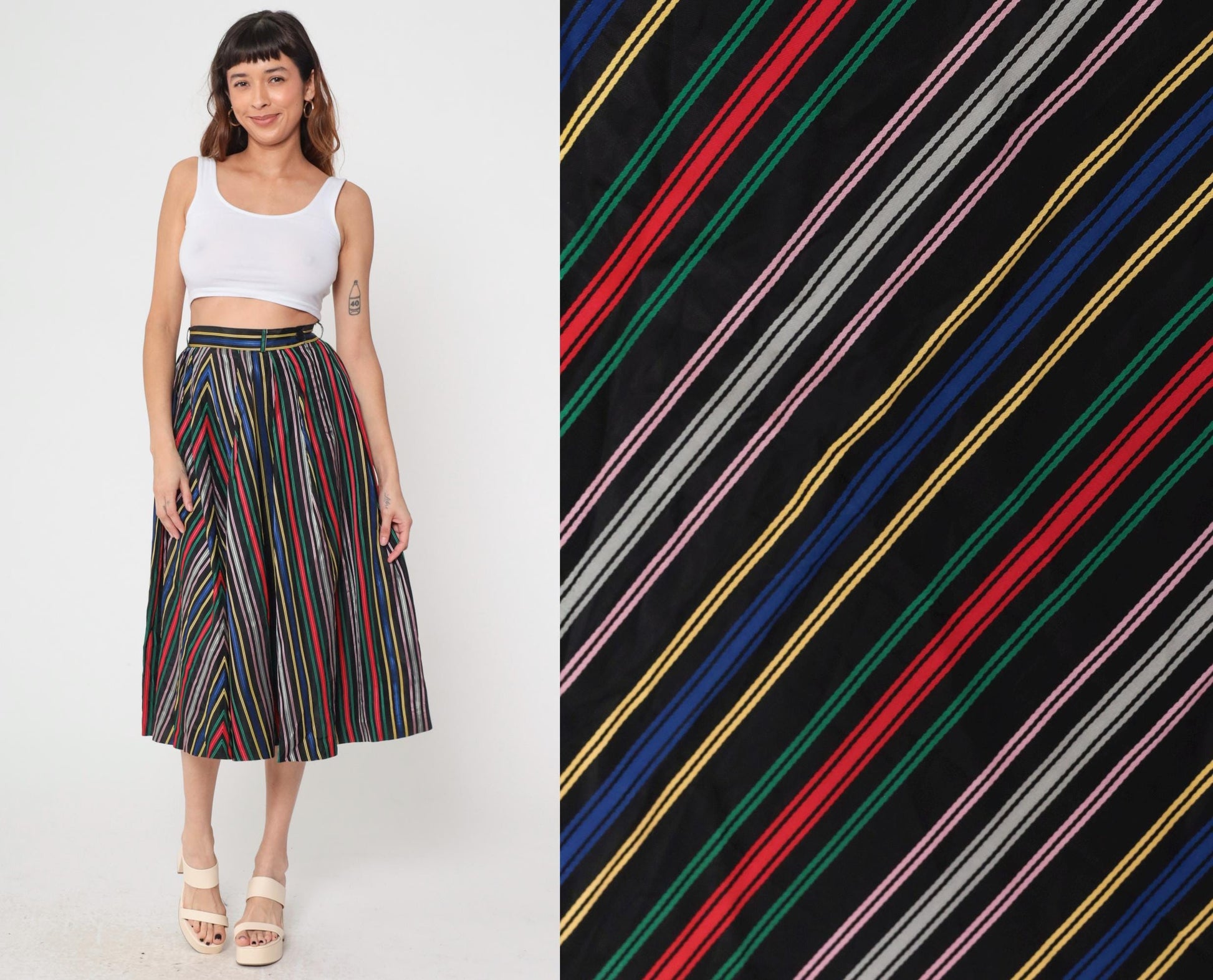 1950s Circle Skirt High Waist Tea Length Striped Rainbow Black Small