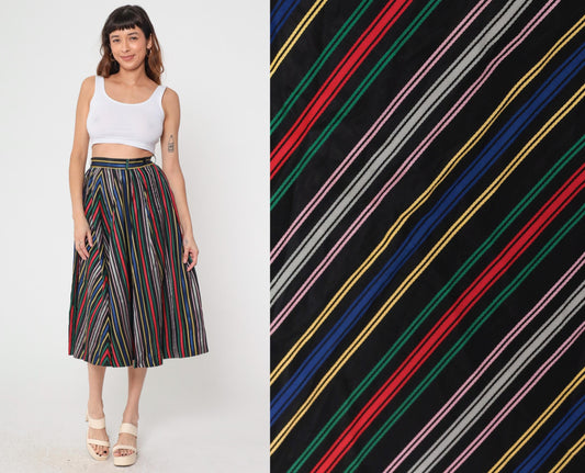 1950s Circle Skirt High Waist Tea Length Striped Rainbow Black Small