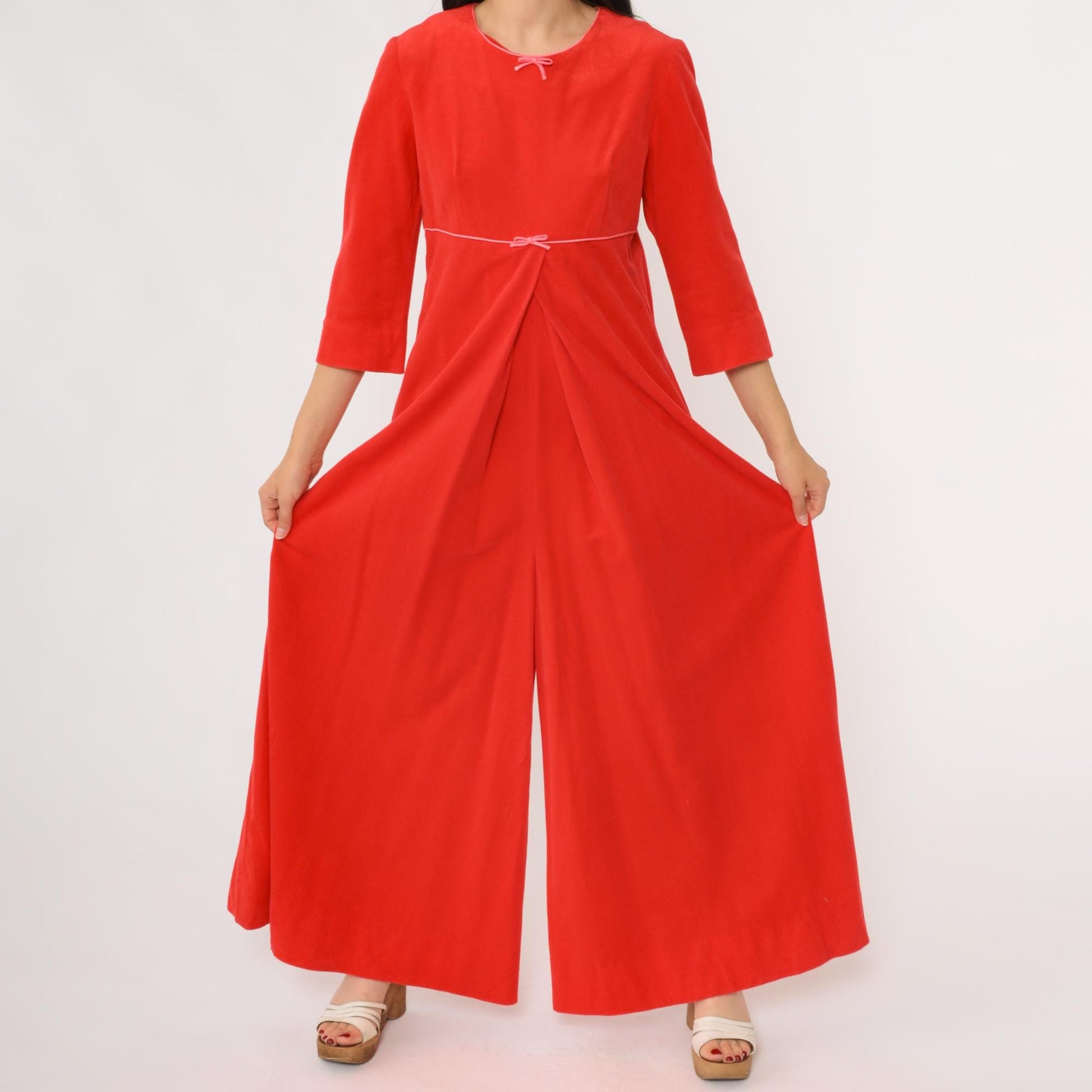70s Chezelle Palazzo Jumpsuit Red Empire Waist Three-Quarter Sleeve Small