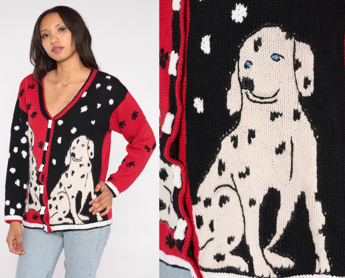 90s Storybook Knits Dalmatian Cardigan Black Red White Bone Buttons Small