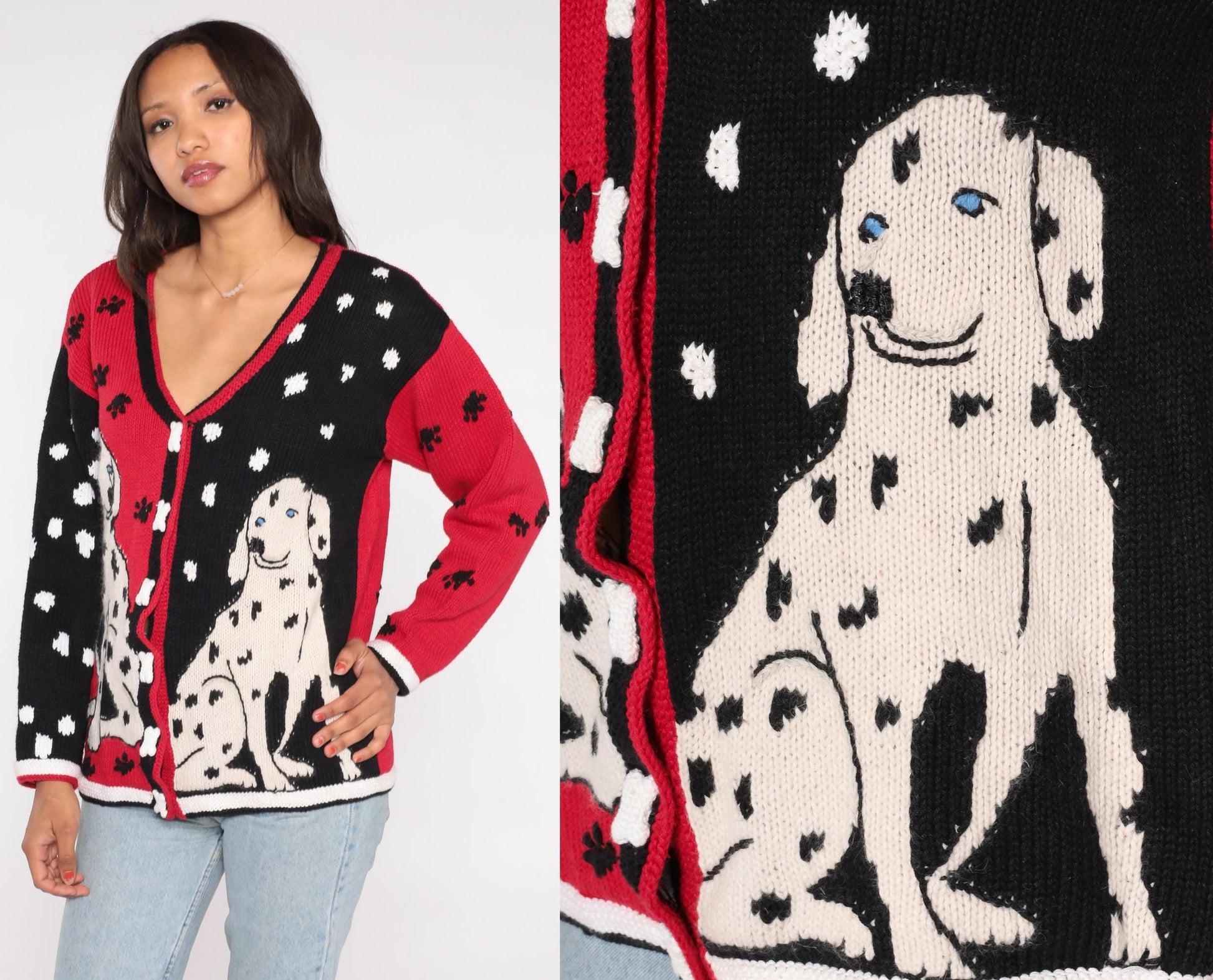 90s Storybook Knits Dalmatian Cardigan Black Red White Bone Buttons Small