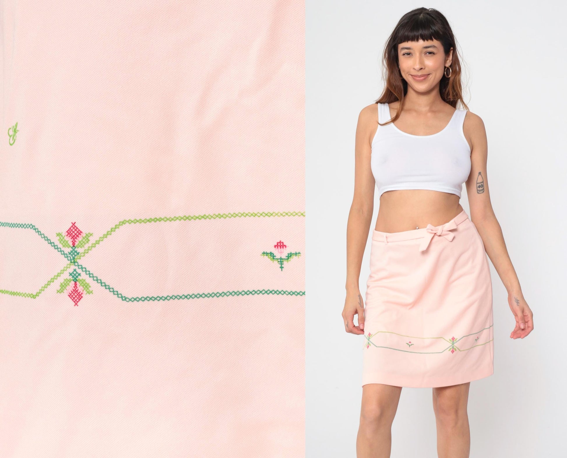 70s Pink Mini A-Line Skirt Cross Stitch Floral Bow Belt Medium