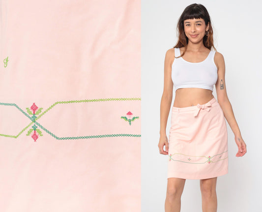 70s Pink Mini A-Line Skirt Cross Stitch Floral Bow Belt Medium