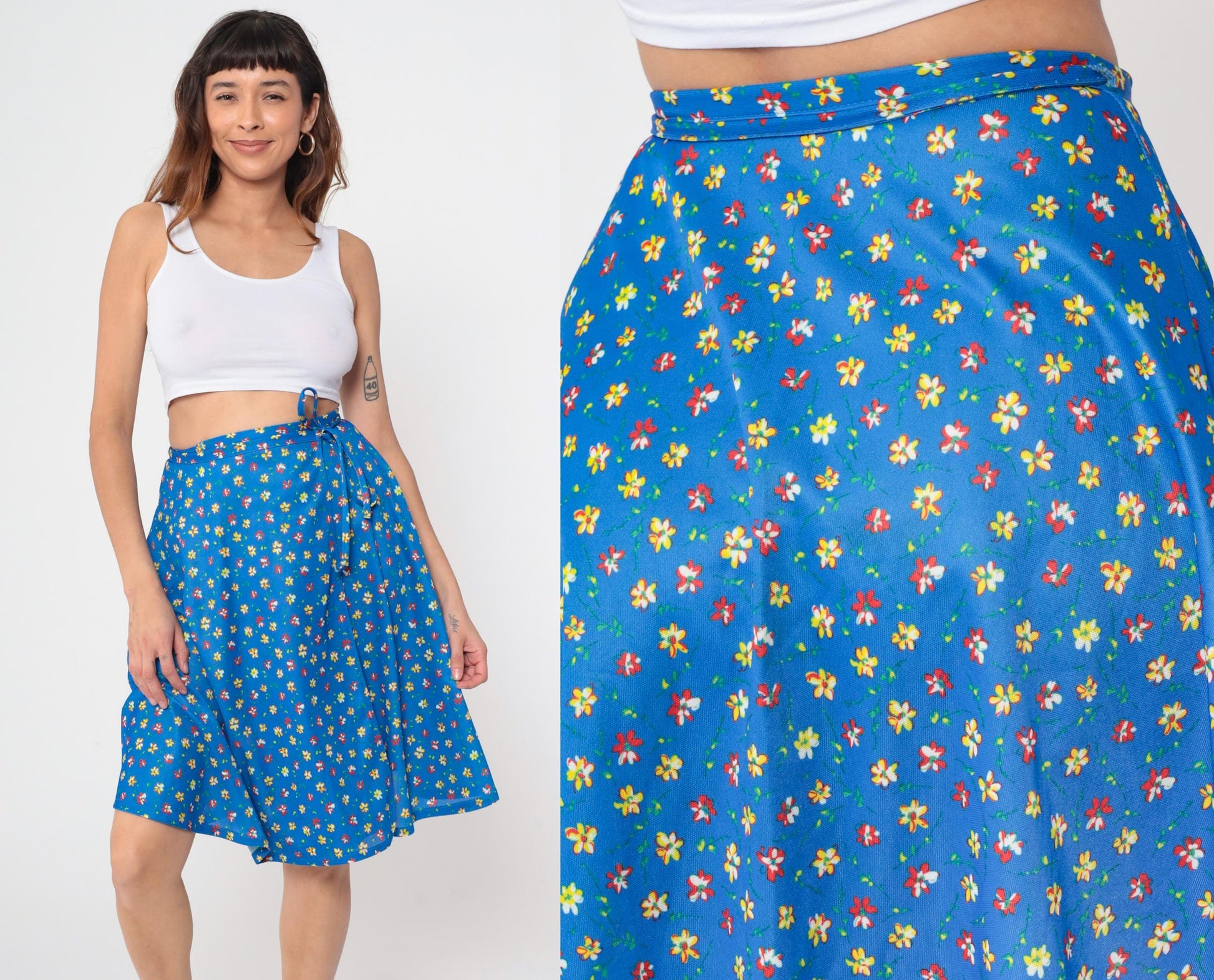 70s JC Penney Blue Floral Wrap Skirt Tie Waist Ditsy Print Small Medium