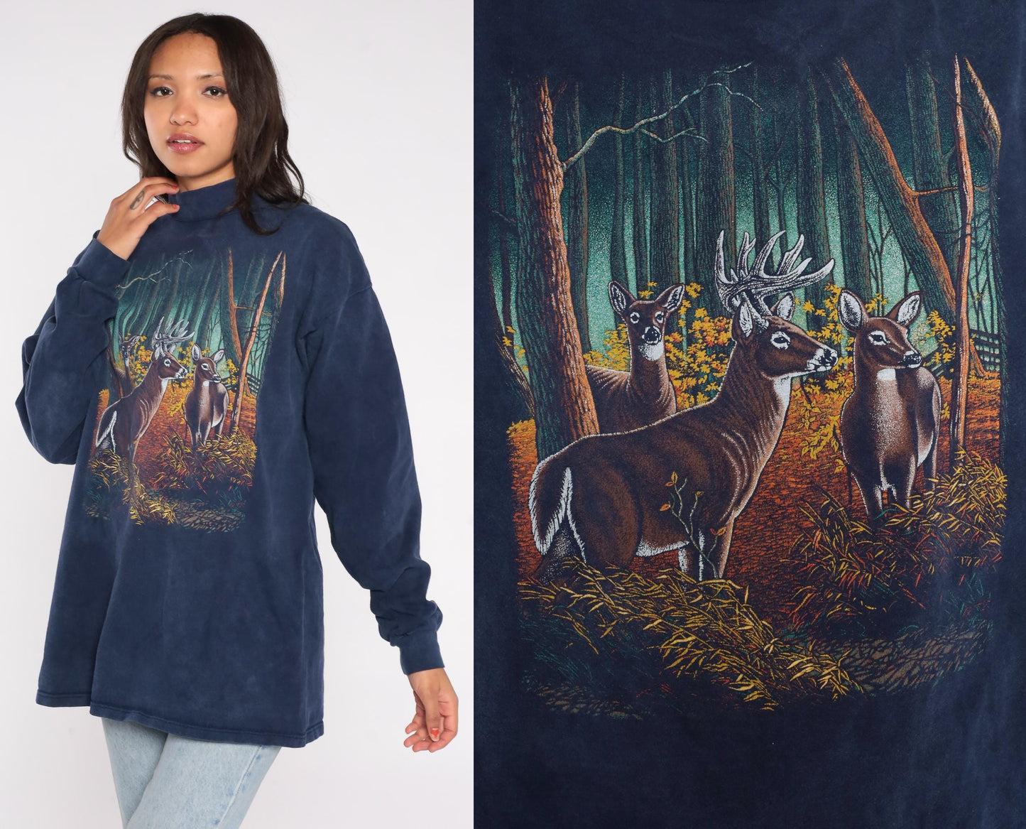 90s Navy Mock Neck Deer Wildlife Sweatshirt Forest Buck Graphic Large L