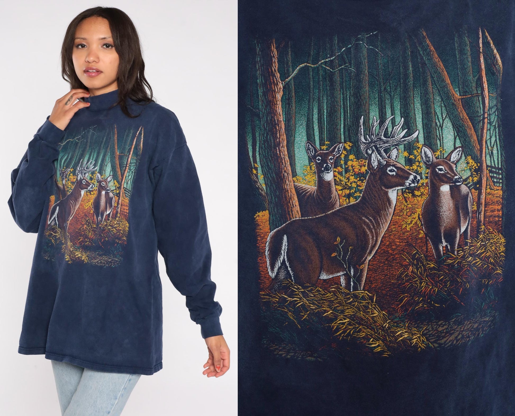 90s Navy Mock Neck Deer Wildlife Sweatshirt Forest Buck Graphic Large L