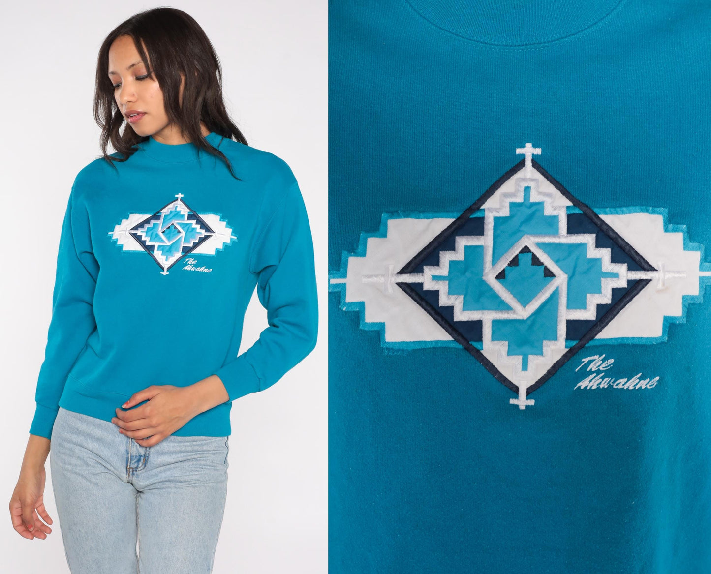 90s Hanes Southwestern Turquoise Sweatshirt Geometric Cross Patch Medium