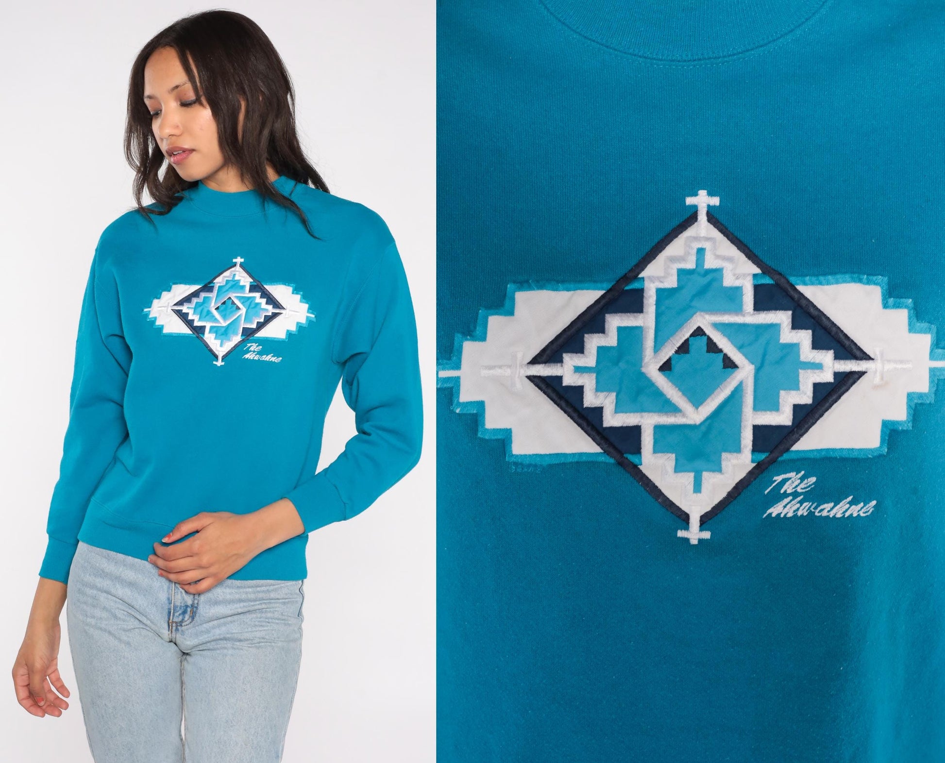 90s Hanes Southwestern Turquoise Sweatshirt Geometric Cross Patch Medium