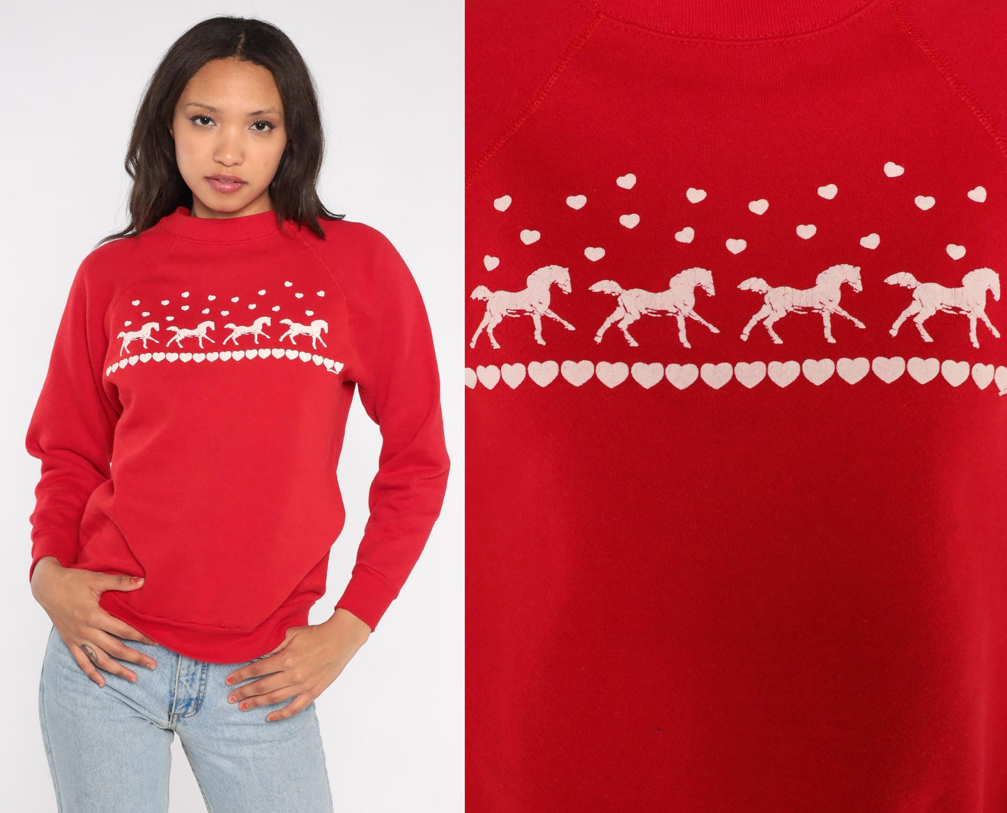 80s Joy Brass Horse Heart Sweatshirt Red Nordic Pattern Raglan Medium