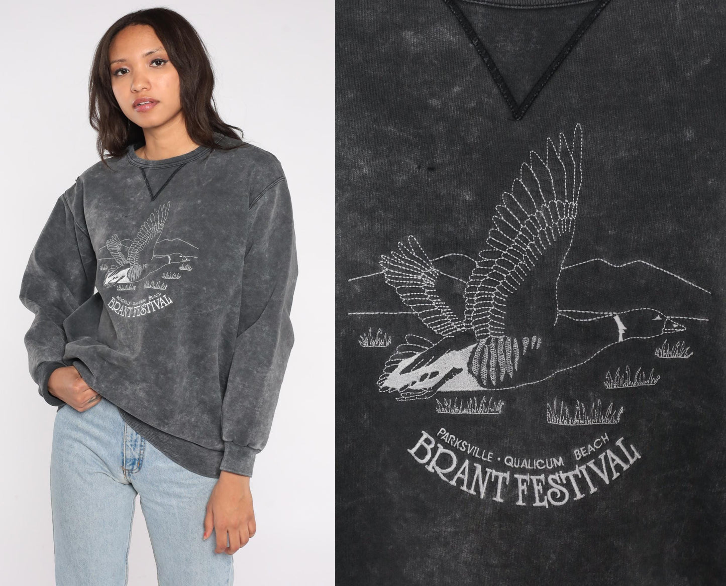 90s Brant Festival Goose Embroidered Acid Wash Sweatshirt Grey Medium