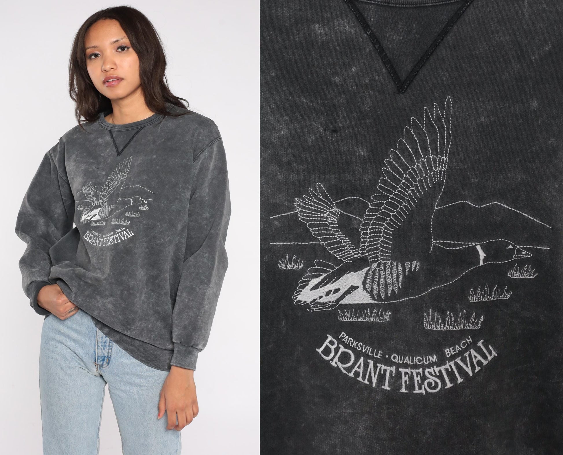 90s Brant Festival Goose Embroidered Acid Wash Sweatshirt Grey Medium