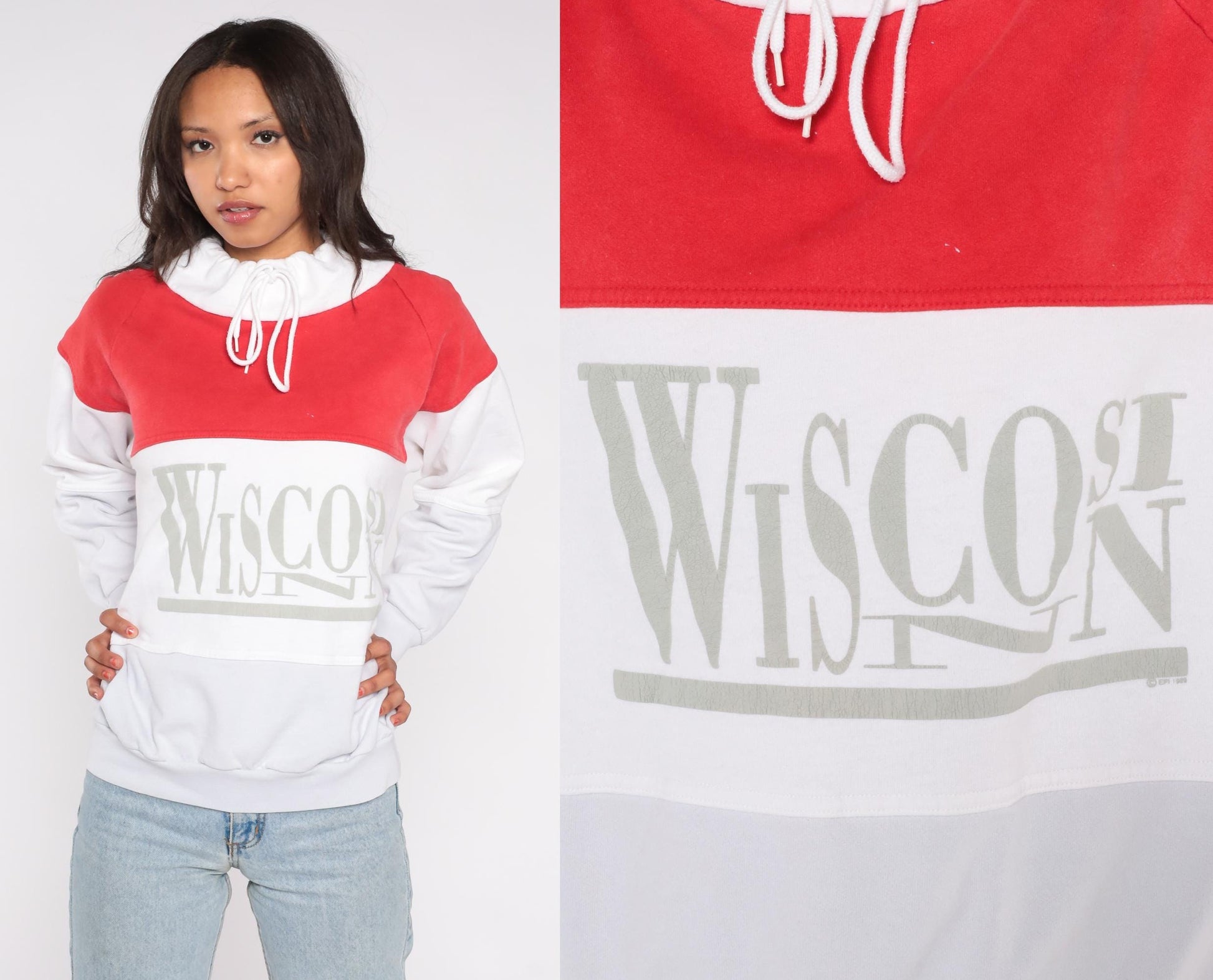 90s Wisconsin Colorblock Sweatshirt Red White Mock Turtleneck Medium