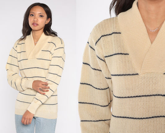 80s Hardy Amies London Wool Shawl Collar Sweater Cream Striped Medium