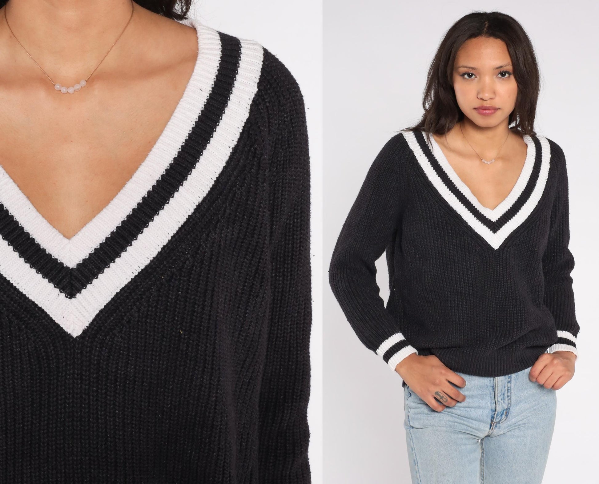 Y2K Black V-Neck Sweater White Trim Rib Knit Pullover Large L