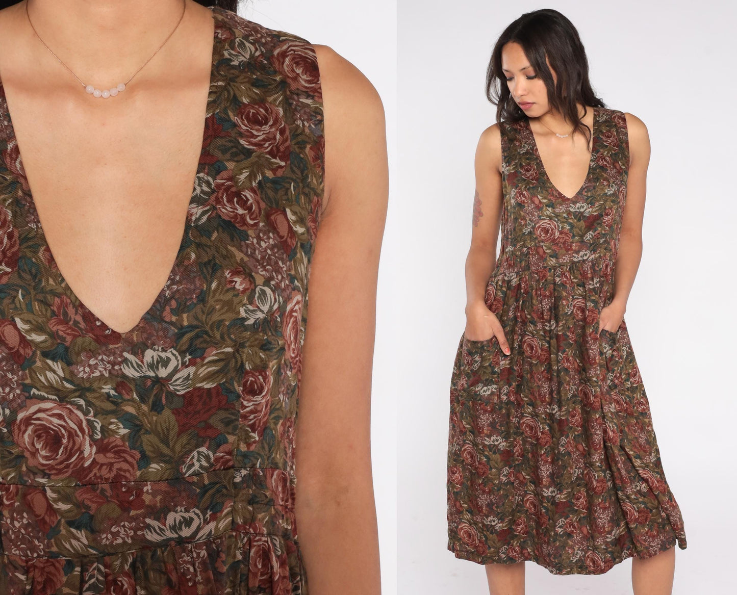 90s Floral Midi Dress Deep V Neck Fit and Flare Brown Green Rose Print Pockets Medium M