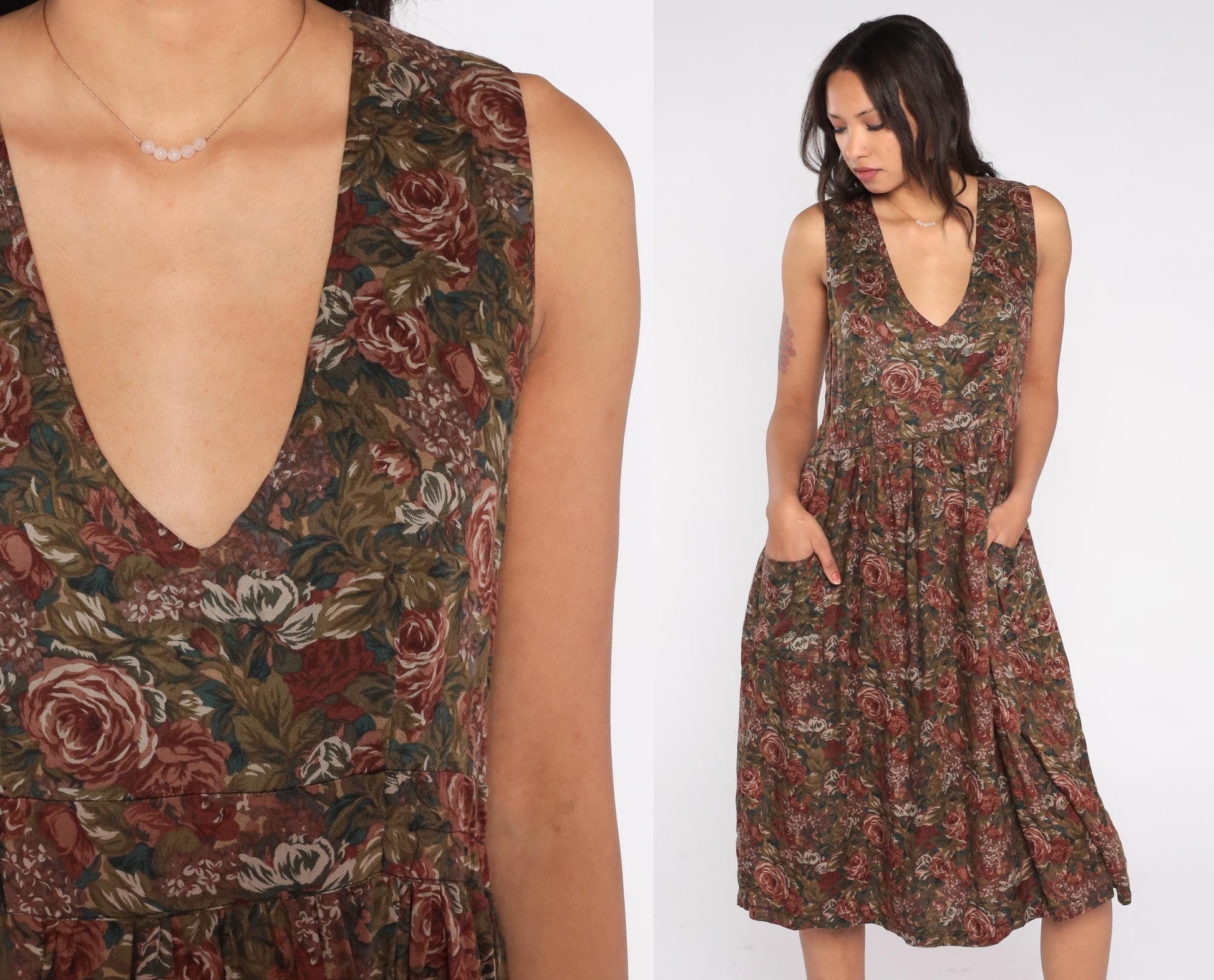 90s Floral Midi Dress Deep V Neck Fit and Flare Brown Green Rose Print Pockets Medium M