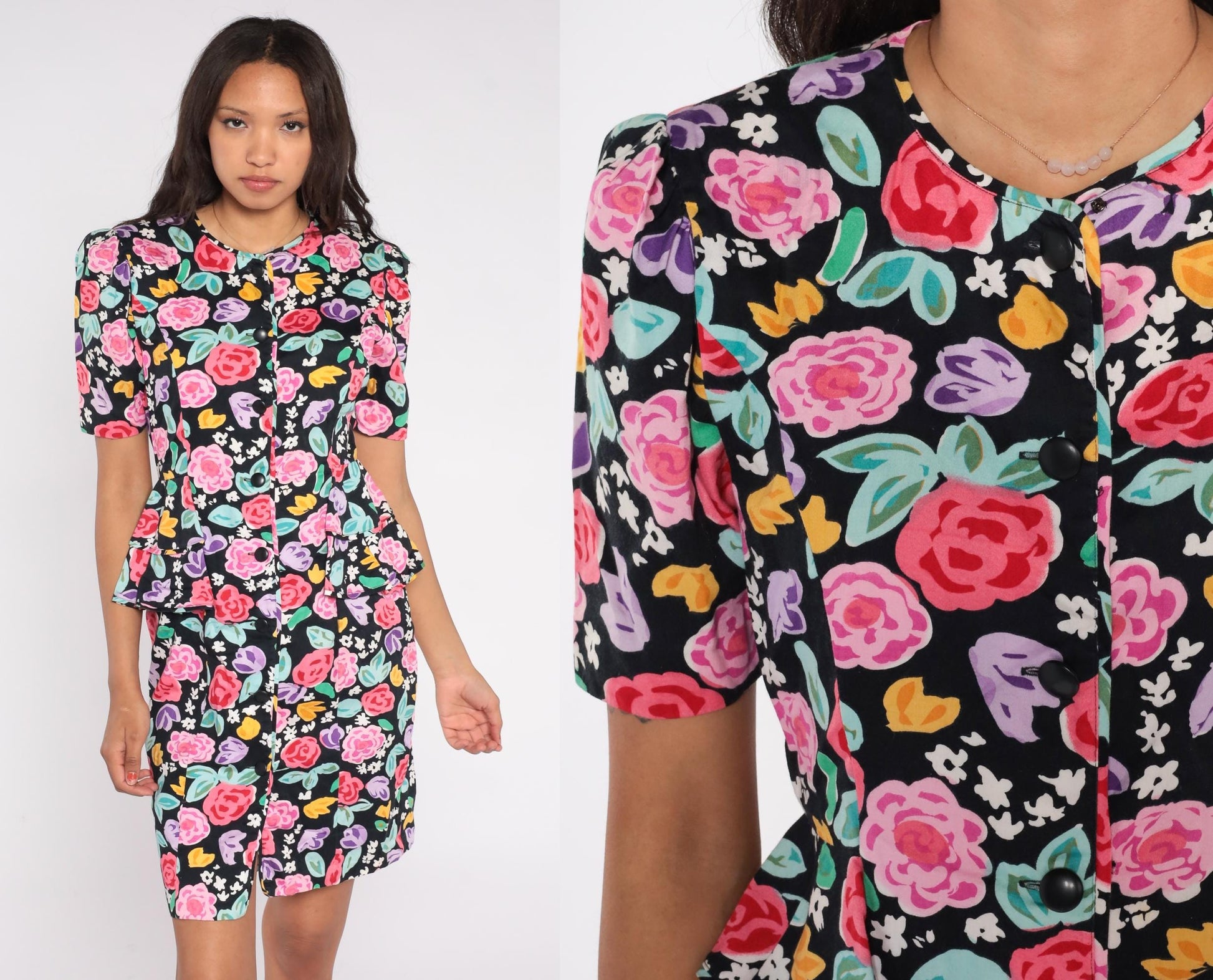 90s Petite Dimensions Floral Peplum Dress Black Cotton Button Front Small